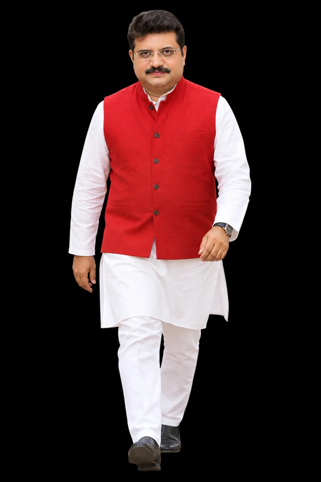 Raja Raj Rajeshwar Singh walking, in a red waistcoat and white kurta pyjama